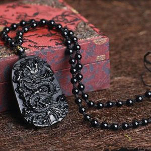 Natural Black Obsidian Dragon Protection Necklace - Buddha & Karma