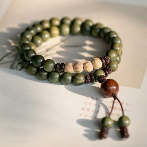 Green Sandalwood Double-Wrap Mala Bracelet with Bodhi Accents – Protection & Mindfulness