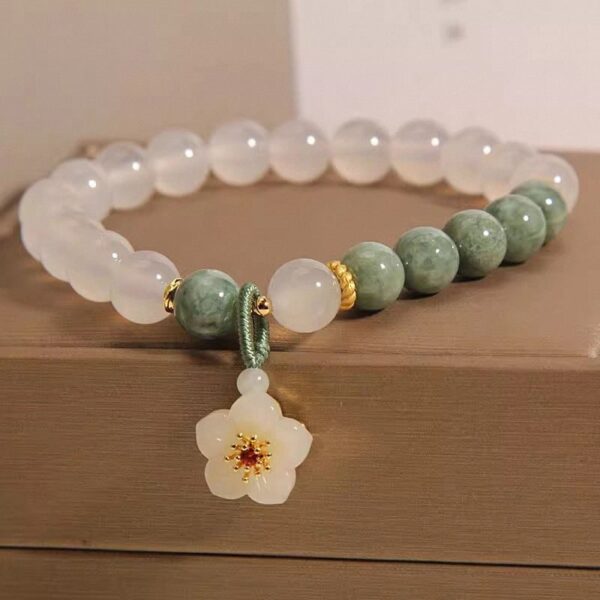 White Jade & Green Aventurine Bracelet with Plum Blossom Charm – Women’s Elegance & Harmony
