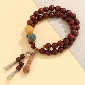 Double-Wrap Wooden Mala Bracelet with Lotus Carvings & Tassel – Spiritual Balance