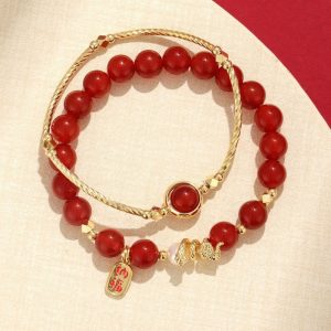 Red Agate Fu Bracelet Set - Buddha & Karma