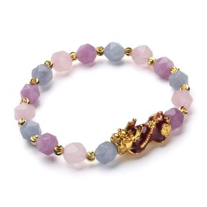 The Prosperity Bracelet - Amethyst, Aquamarine, Rose Quartz Pixiu - Buddha & Karma